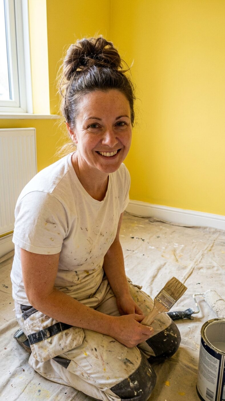 Claire in paint-splattered workwear, smiling in a freshly painted yellow room