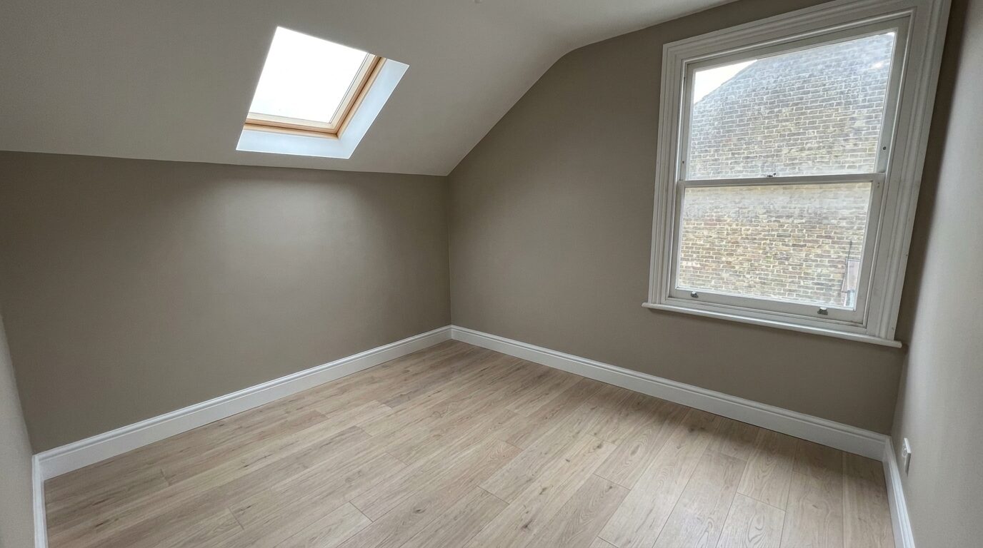 After: the same room finished in warm greige with crisp white woodwork