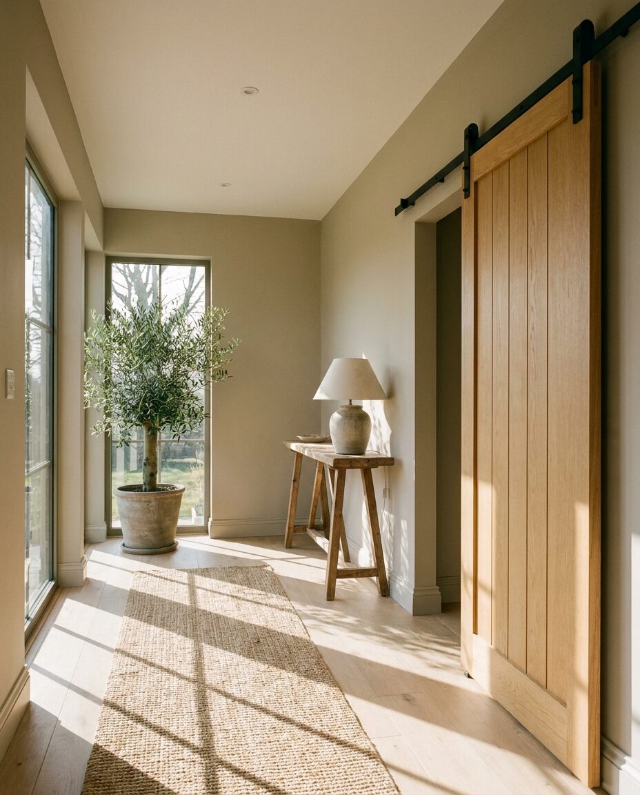 A sunlit finished extension hallway with an oak barn door