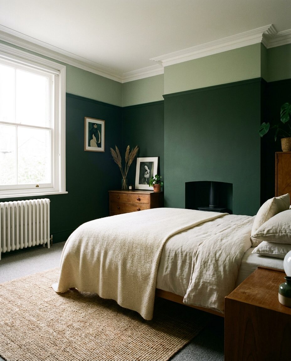 A bedroom painted in two tones of green with crisp white coving