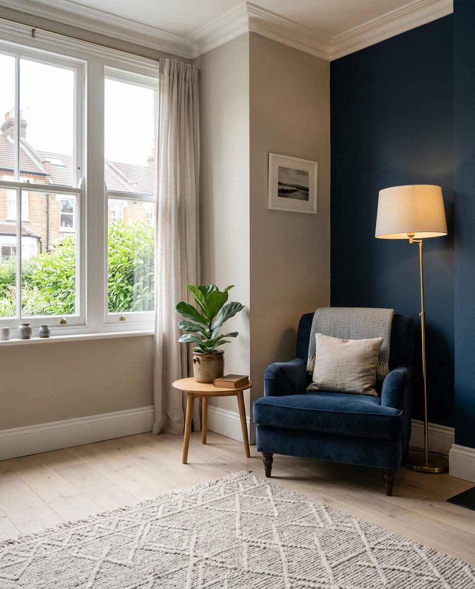 A room with warm greige walls and a deep navy accent wall