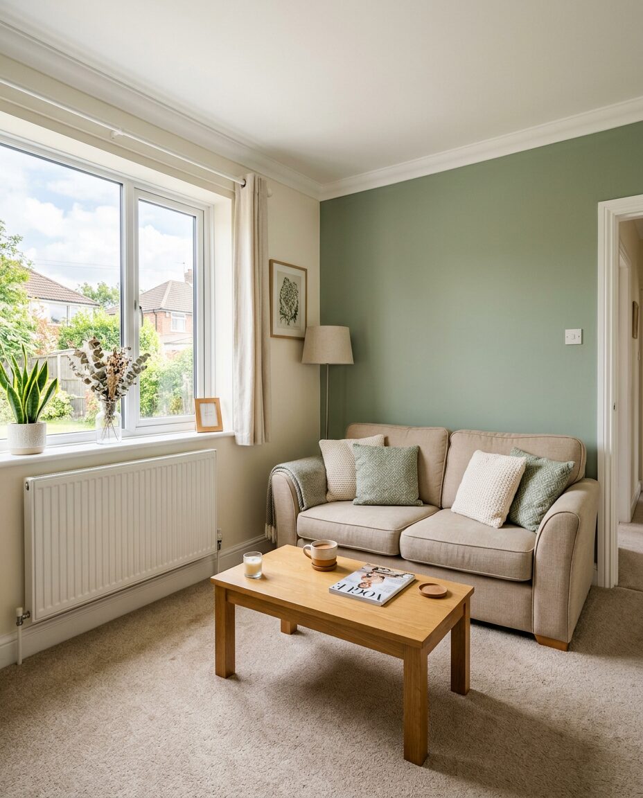 A living room freshly painted sage green with a white radiator under the window