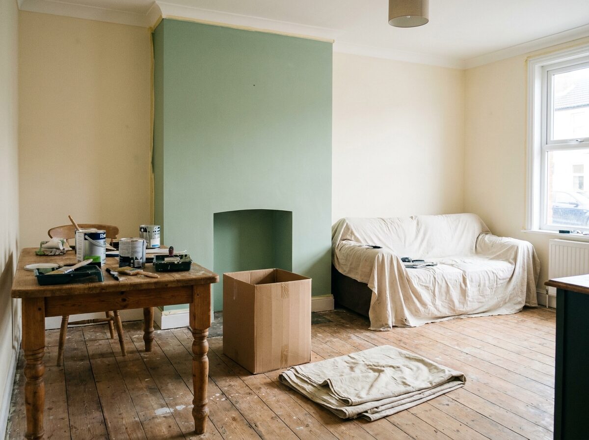 A freshly repainted lounge with cream walls and a sage green feature wall