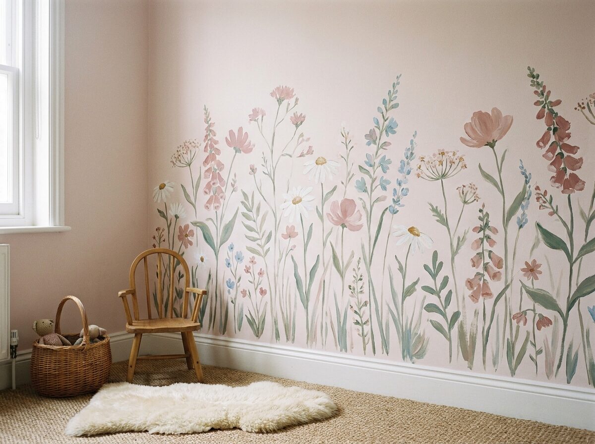 A hand-painted floral mural of retro daisies on a blush pink wall